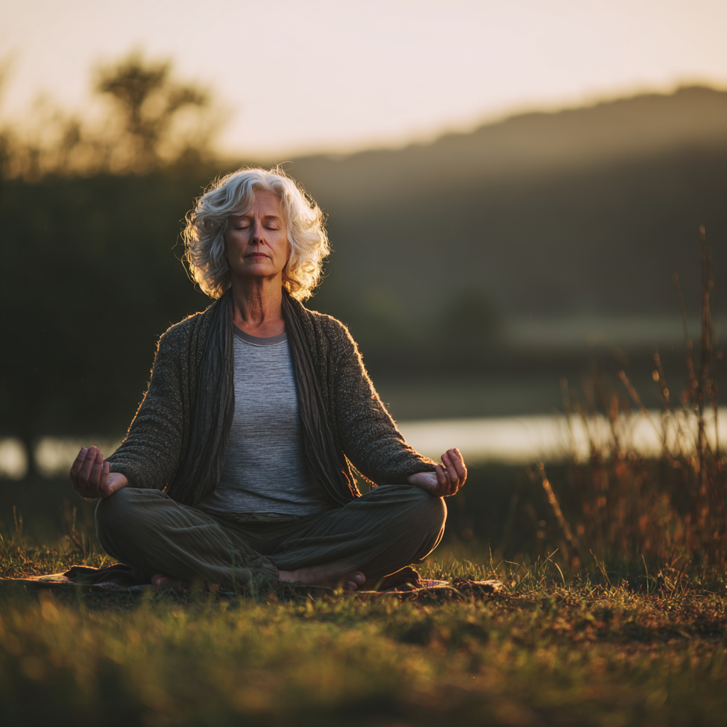 Serene elderly European woman practicing yoga in a peaceful garden setting, expressing inner calm and balance