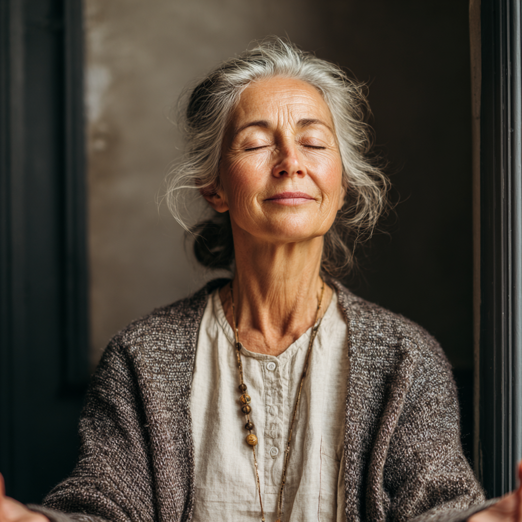 Confident elderly European person demonstrating proper posture alignment during yoga practice, showing strength and balance